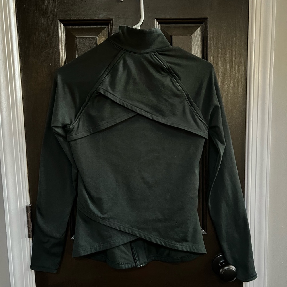 Athletic Warm up jacket, black with a dark green tint in sunlight.